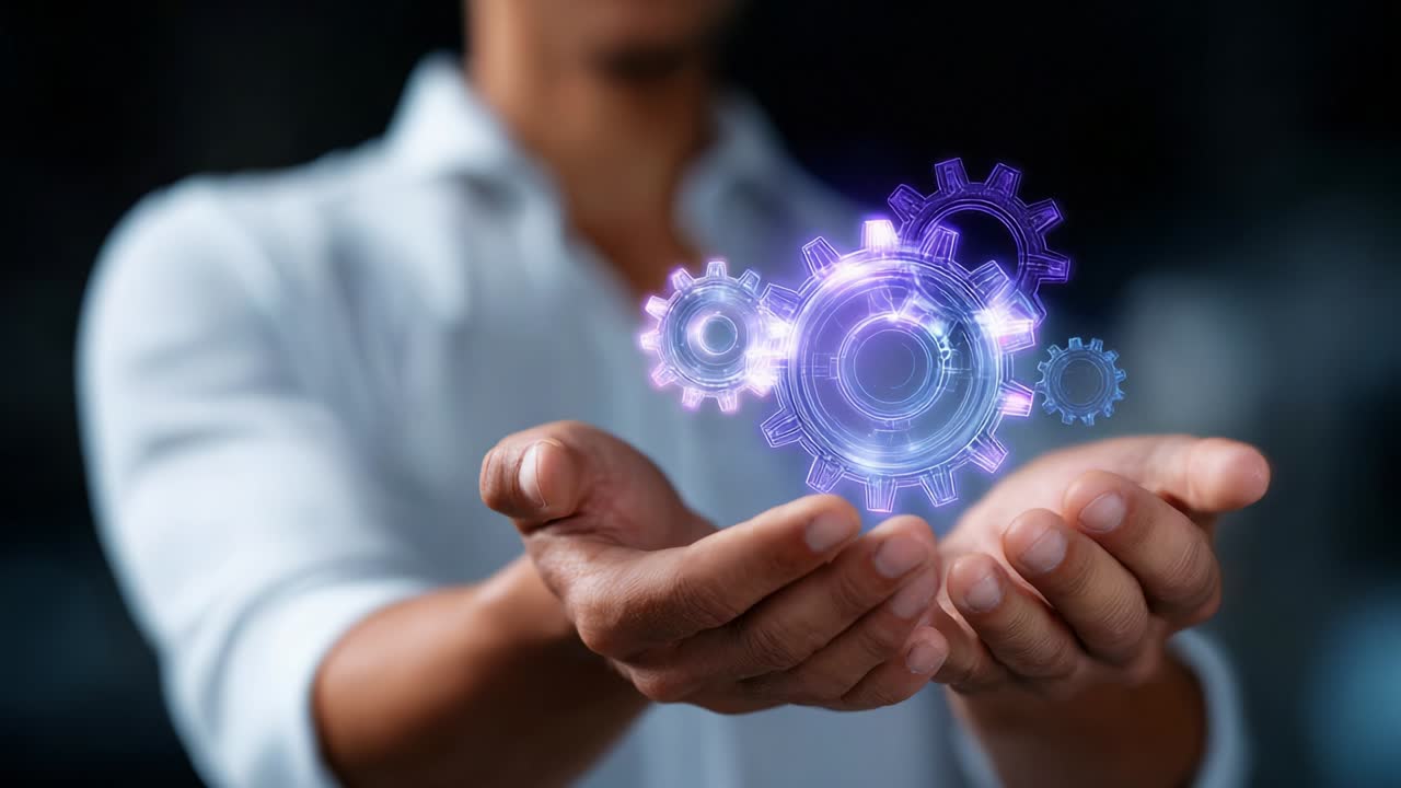 Exploring Innovative Technology: A Person Manipulating Futuristic Gears and Circuits in Their Hands, Signifying Advancements in Automation and Digital Transformation in Modern Industries