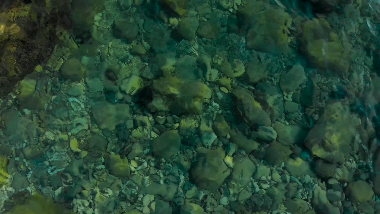 fondos marinos con piedras y guijarros bajo el agua de mar transparente que refleja el sol