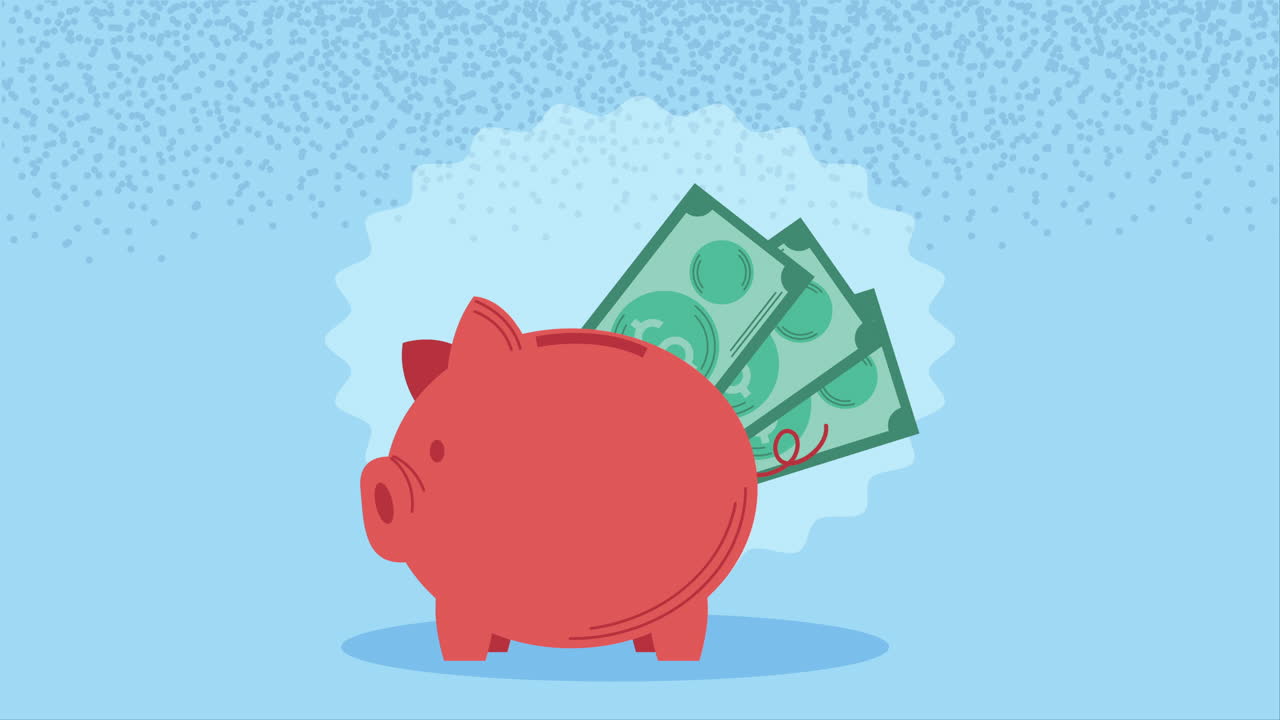 piggy savings money with bills animation