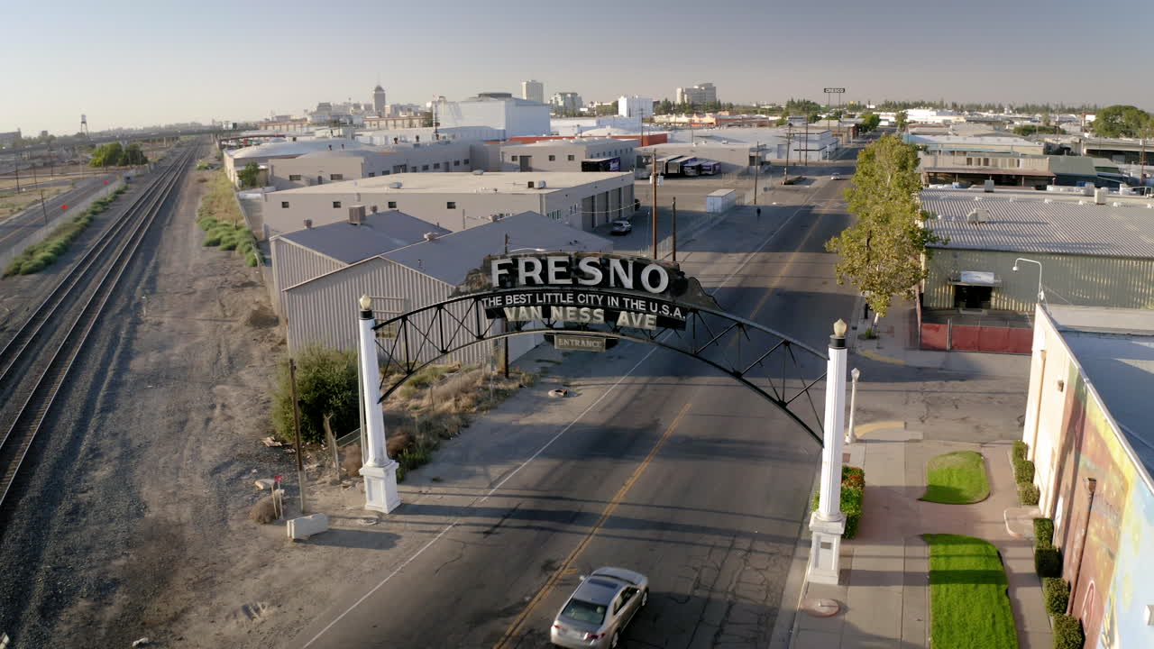 Aerial View of the Fresno Arch and Van Ness Avenue with Railroad Tracks