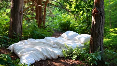 a bed in the middle of a lush green forest