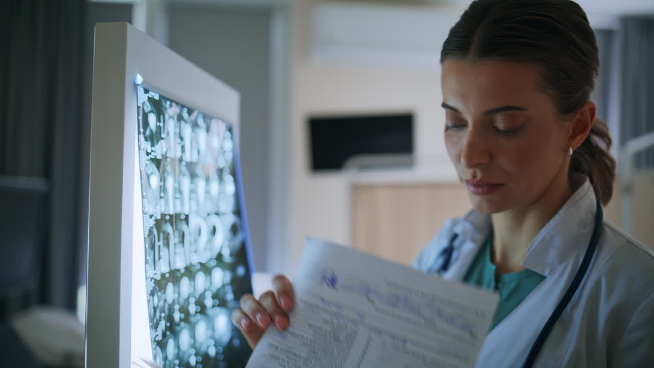 Specialist checking x-ray scans in clinic setting before appointment closeup