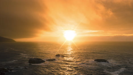 timelapse, sunset and beach waves by night fall