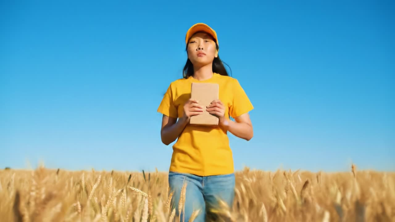 A young woman in a bright yellow shirt and cap stands confidently in a vast wheat field. She clutches a notebook and gazes into the distance on a sunny day, symbolizing inspiration and creativity.