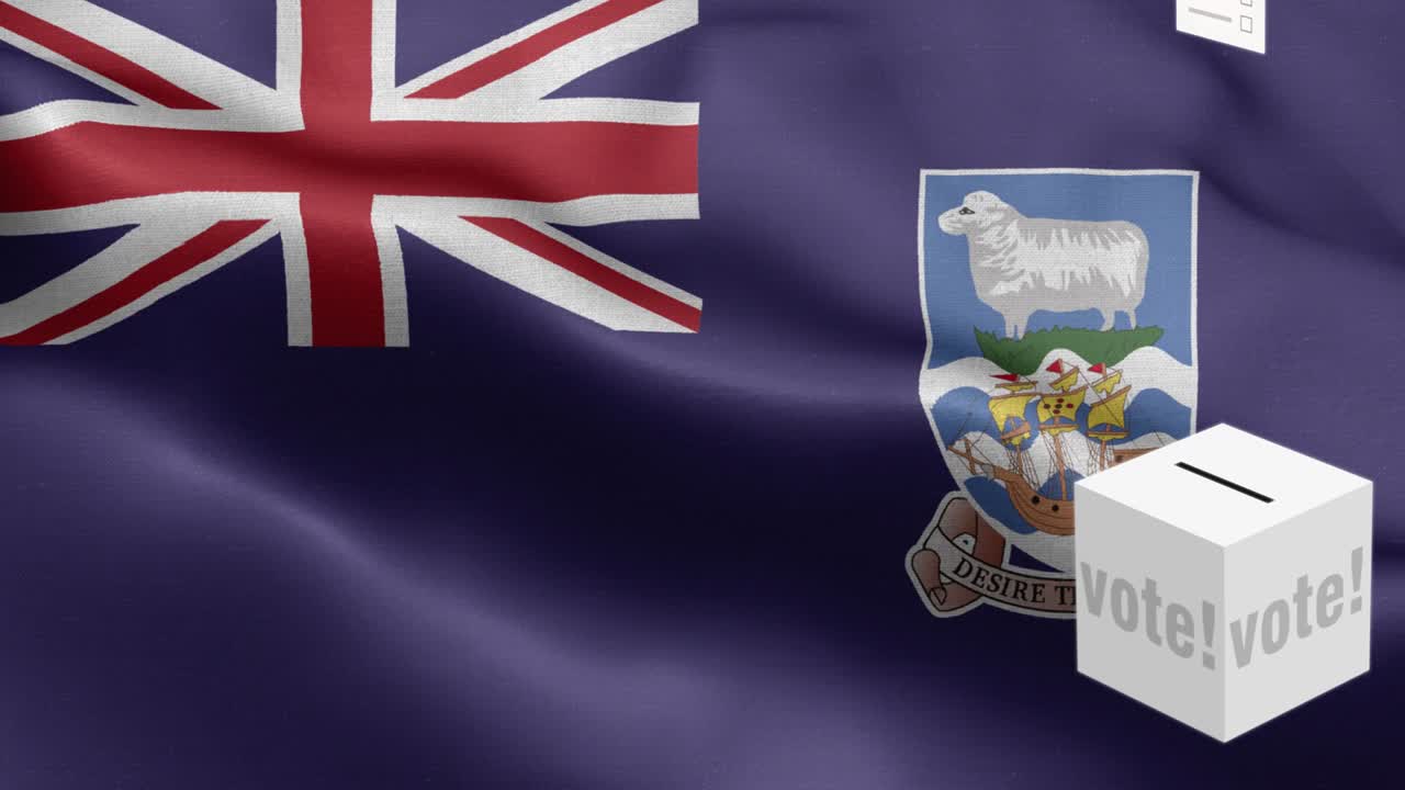 발 앞에 있는 투표용지 - 투표용지가 포클랜드 선택을 위해 상자에 날아갑니다 - 선거 - 투표 - 포클랜드 제도의 발 - 포클란드 제도의 플래그 높은 세부 사항 - 국가 발 포클랜드 섬 파동 패턴 루프 가능한 요소 - 직물 질감과 끝없는 루프