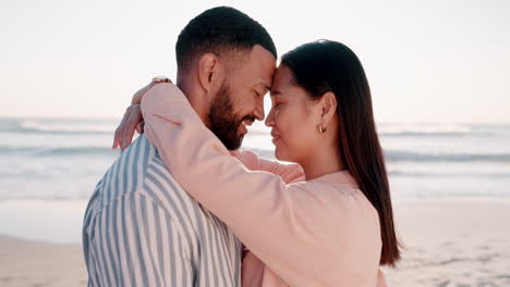 Sunset,-beach-and-couple-with-a-smile