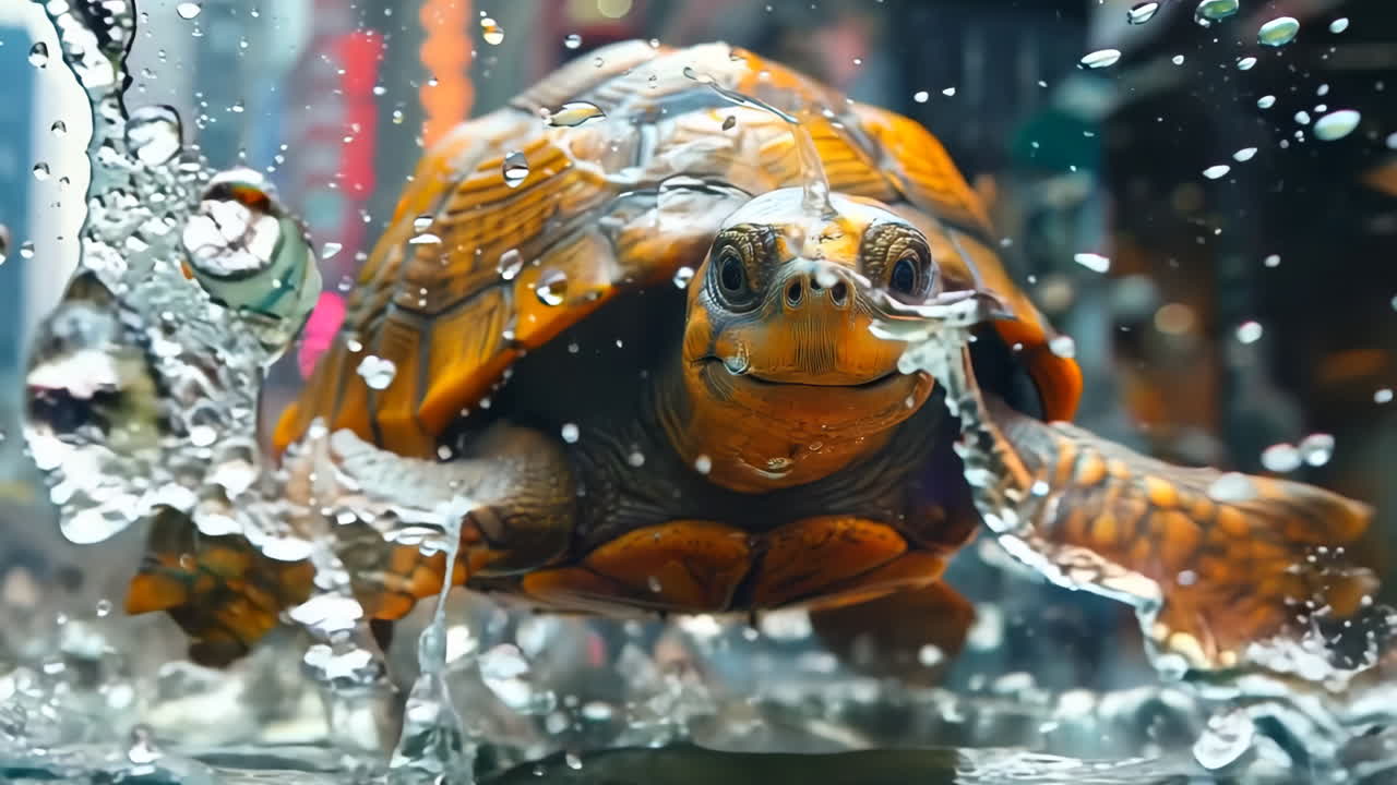Colorful Turtle Swimming Through Splashes in Urban Setting. A vibrant turtle gracefully moves through splashing water in a bustling city environment.