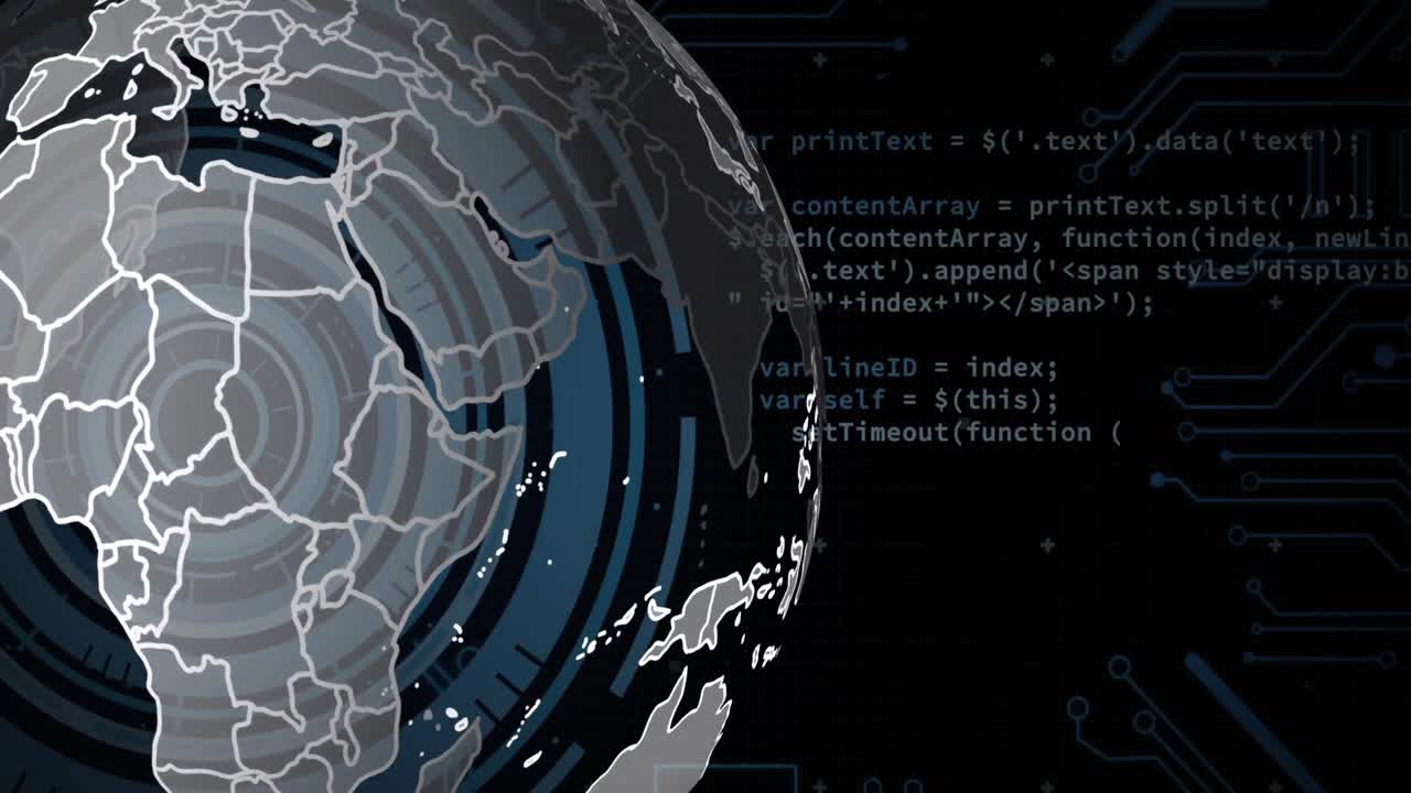 Digital animation of globe of network of connections spinning against blue background
