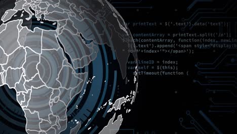 digital animation of globe of network of connections spinning against blue background