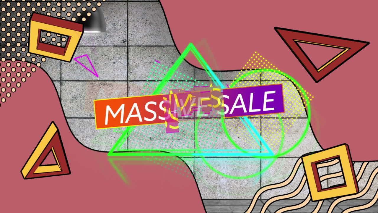 벽돌 벽에 대한 네온 모양의 대규모 판매 텍스트 배너 위에 다채로운 추상적인 모양