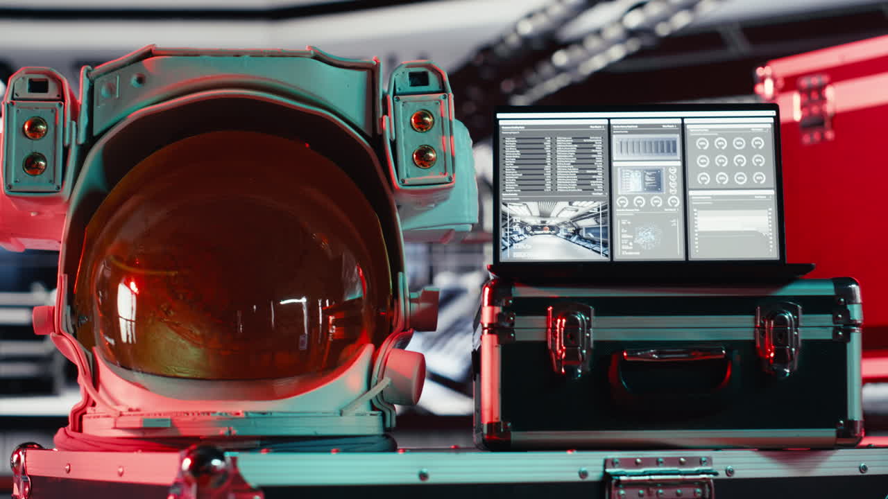 Space helmet next to laptop in spacecraft displaying Mars mission analytics