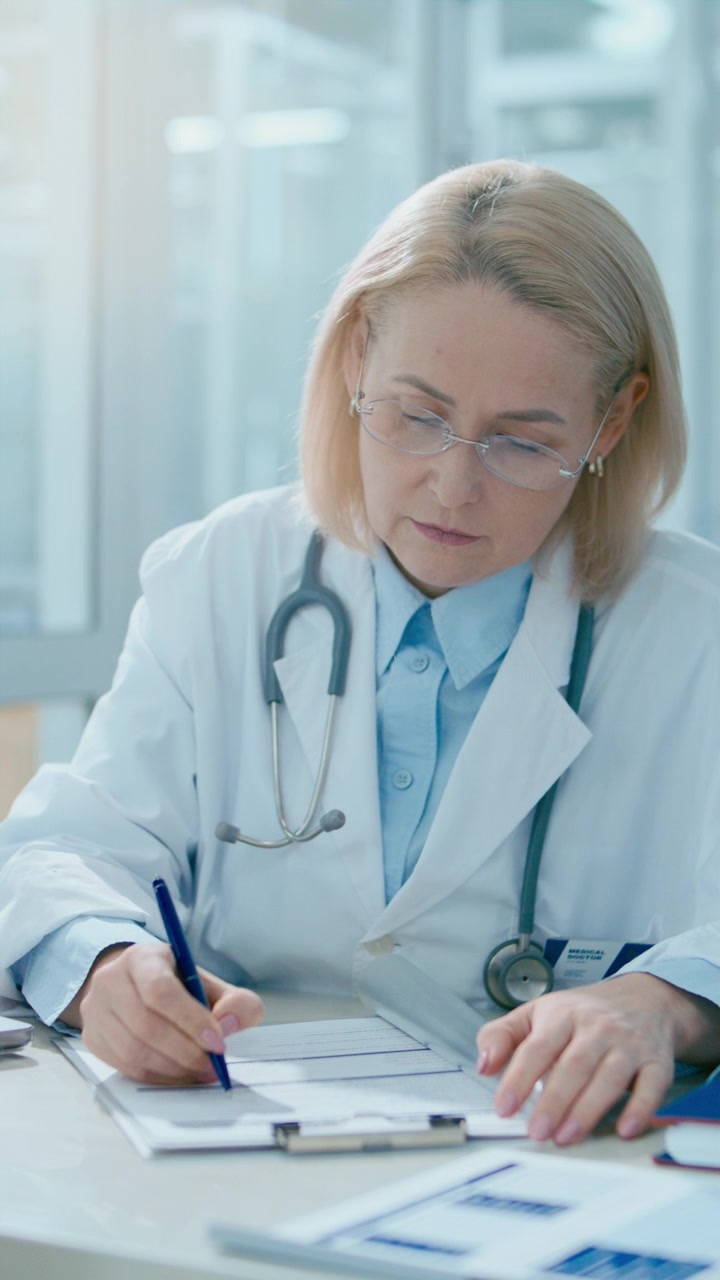 Fokusert kvinnelig lege utarbeider medisinsk rapport ved skrivebord på klinikk.