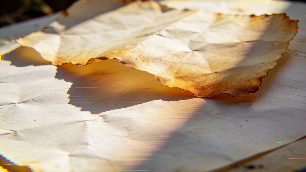 Colpite dal sole, fogli di carta bruciata accartocciati proiettano un'ombra triangolare su carta a righe, rivelando le pieghe.
