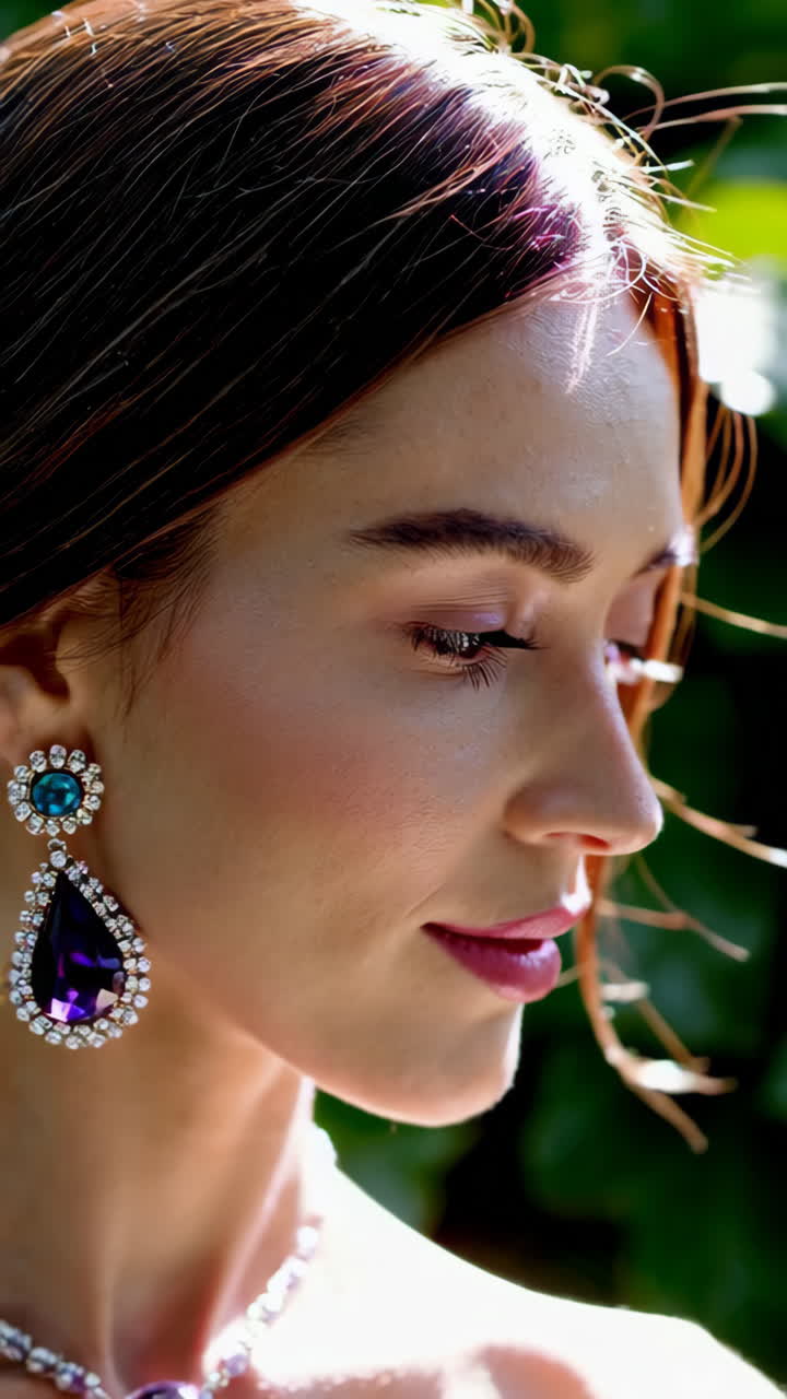 Elegant Woman Adorned with Gemstone Jewelry in a Lush Outdoor Setting