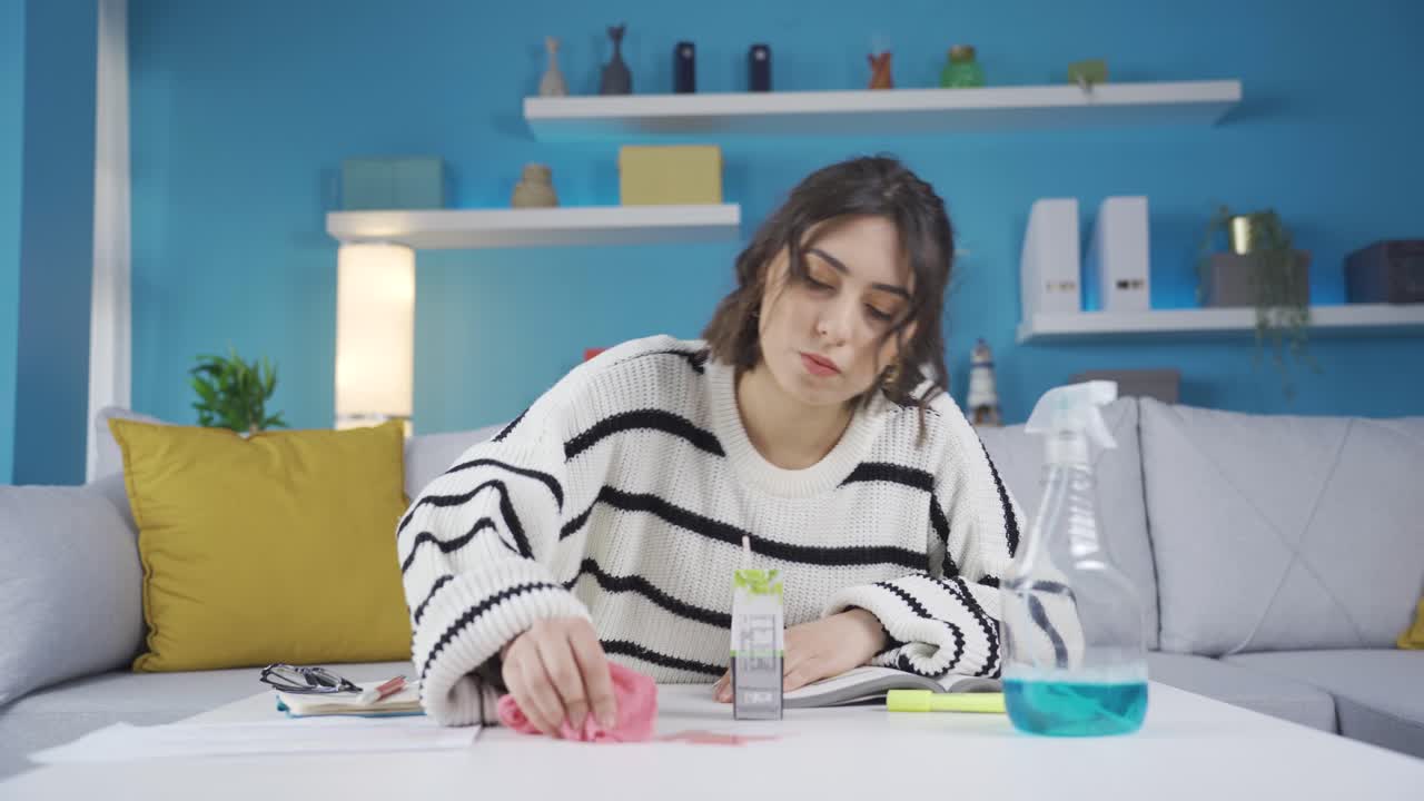 mujer tratando de eliminar la mancha con un paño y detergente.