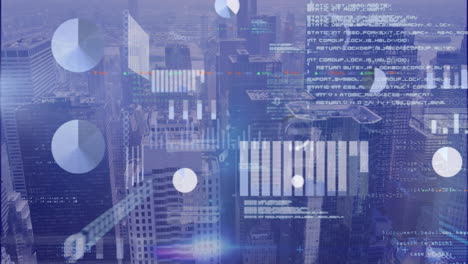 animación de códigos binarios, lenguaje informático y gráficos sobre vista aérea de la ciudad moderna