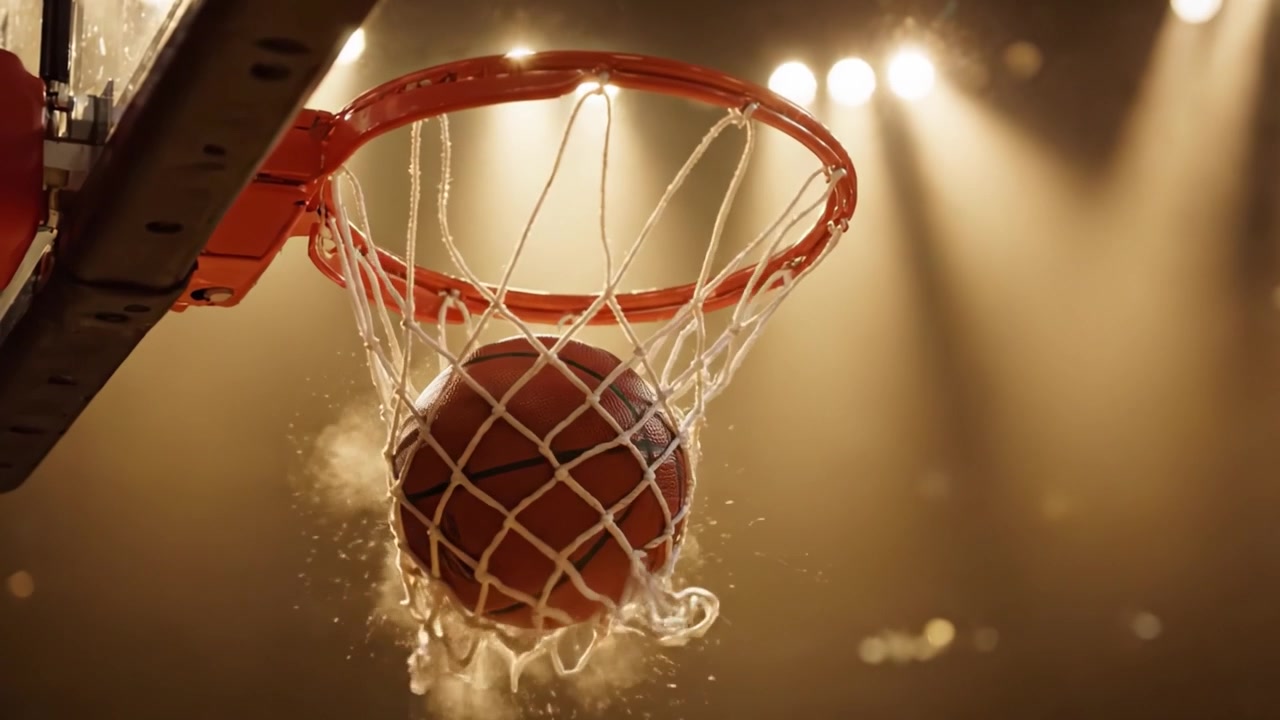Un viaggio dinamico del basket attraverso il canestro: dal momento del tiro al silenzio eloquente del ferro vuoto in un'ambientazione drammatica dell'arena.