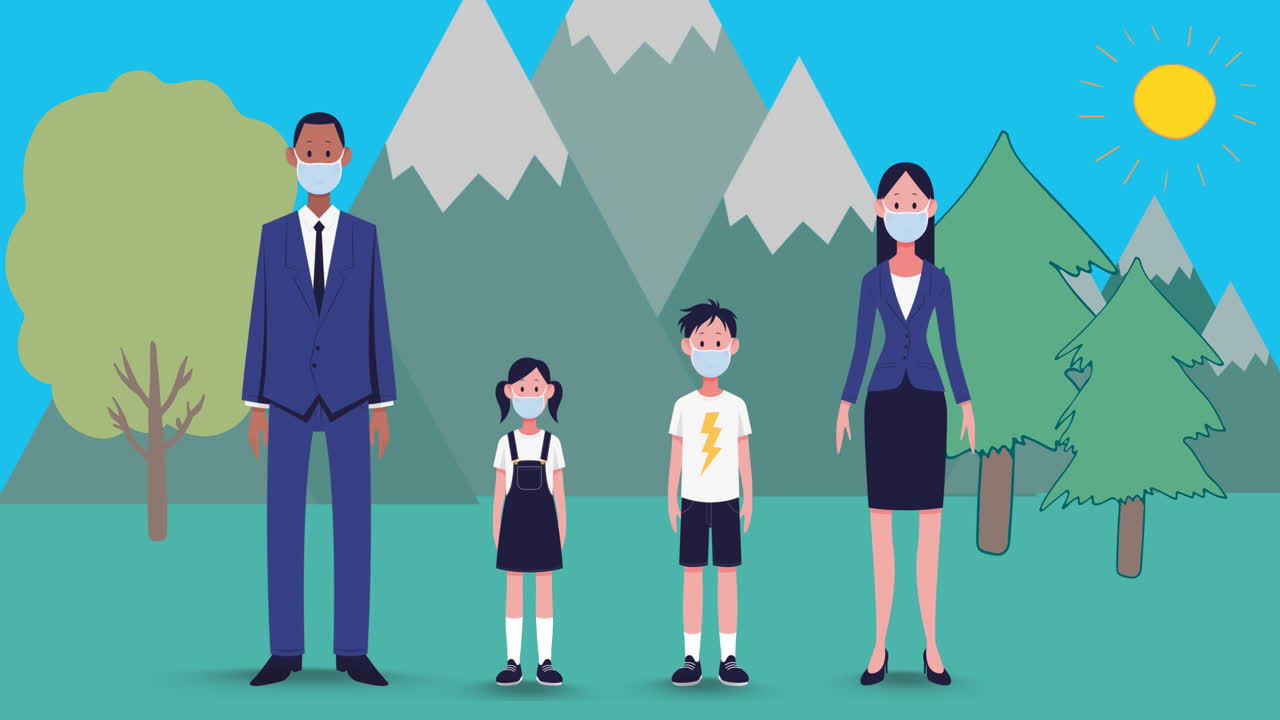 코로나바이러스 대유행으로 집에서 격리된 가족들이 마스크를 착용하고 있습니다.