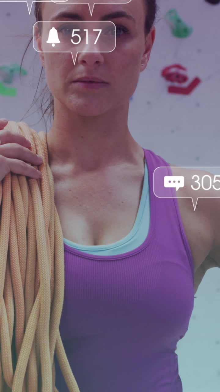 animación de iconos de los medios sobre mujer caucásica con línea en la pared de escalada