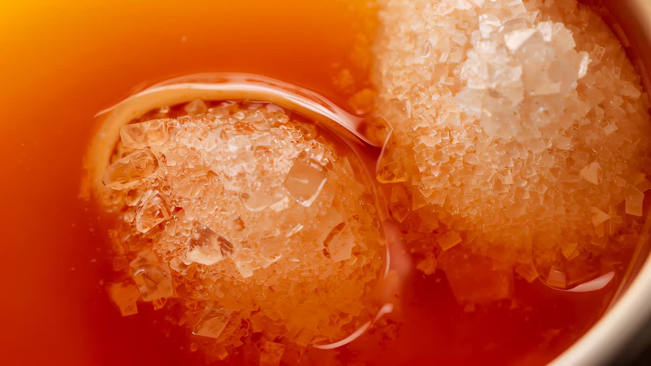 Floating spheres glinting and wetting as camera shifting in cup of amber liquid, showing texture