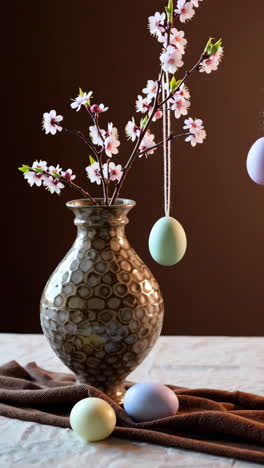 spring easter decoration with blossoms and pastel eggs