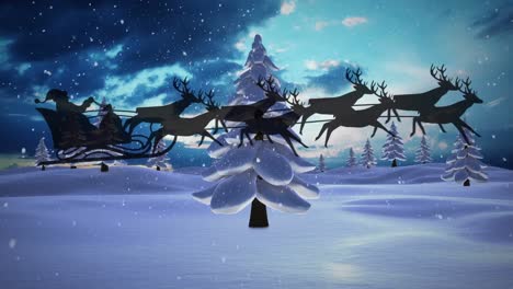 Animation-of-santa-claus-in-sleigh-with-reindeer-over-snow-falling,-red-spots-and-winter-landscape