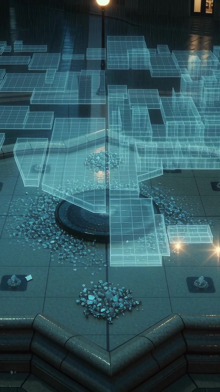 Vertical video: Showing cyan holo grid hovering over plaza at night, revealing fountain and pebbles
