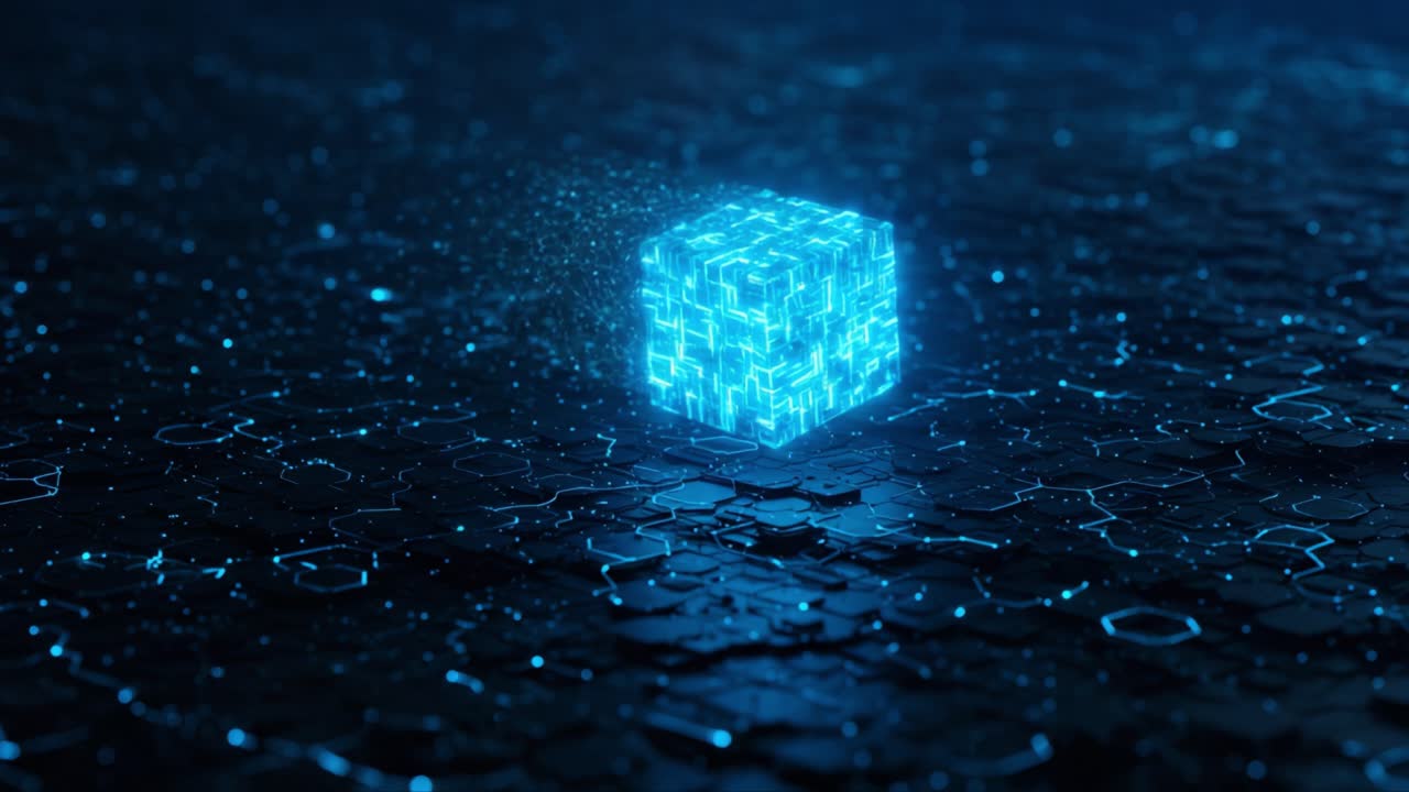 Illuminated Digital Cube Surrounded by Glowing Particles on a Textured Surface in a Futuristic Tech Environment, Showcasing Innovation and Modern Design