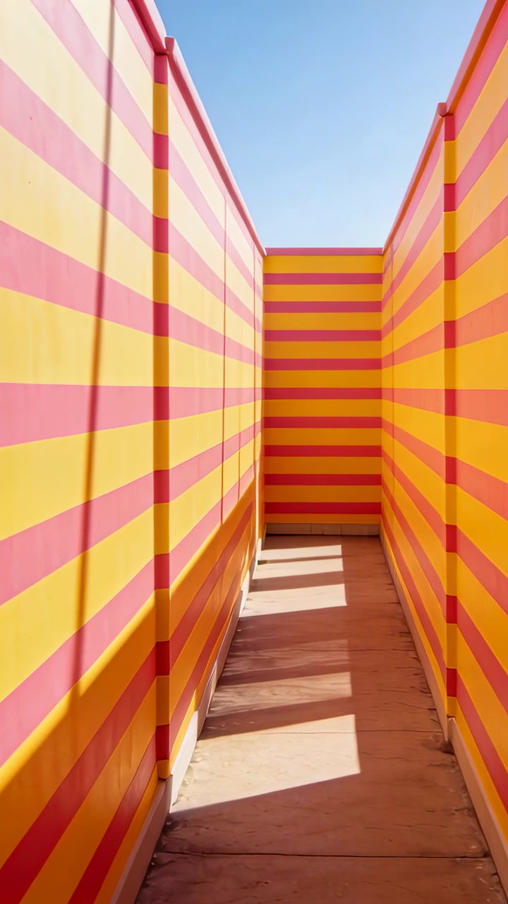 Vertical video: Camera inching through corridor with yellow-pink panels, revealing sunlit patches