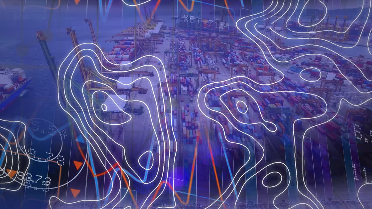 Animation of network of connections over drone with parcel over shipyard