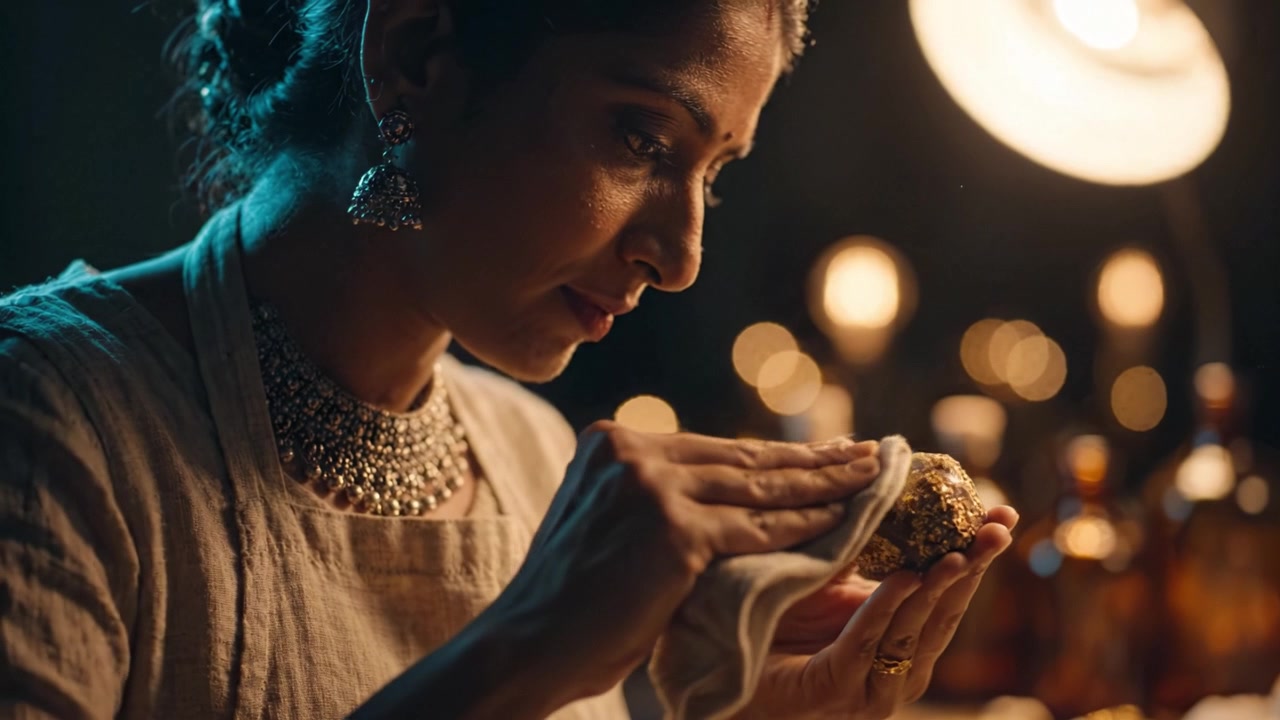 A skilled artisan meticulously polishes a delicate, ornate golden ornament under warm lighting showcasing craftsmanship, focus, and the beauty of artistry