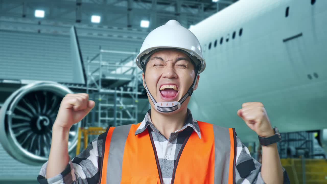 성공을 축하하는 행복한 항공기 메카닉