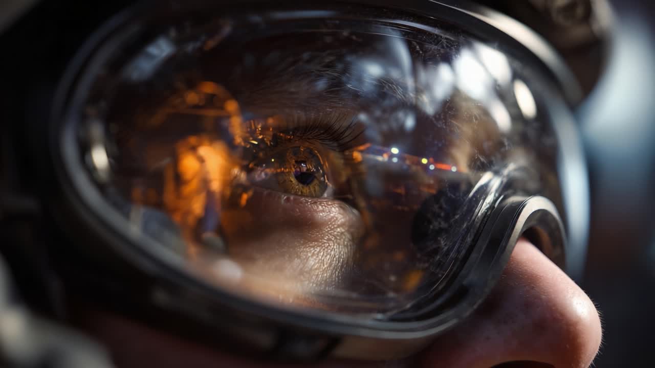 A Focused Gaze: The Intense Look of a Soldier Behind Protective Eyewear, Capturing the Reflection of a Dynamic Environment and the Weight of Responsibility in Their Eyes