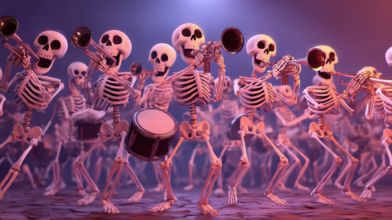 A lively ensemble of animated skeletons performing together in a vibrant musical scene, showcasing their musical talents and delightful choreography, creating a festive atmosphere