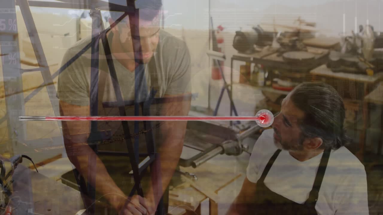 카우카스 인 노동자 및 전기 기둥 위에 은 화살표의 애니메이션