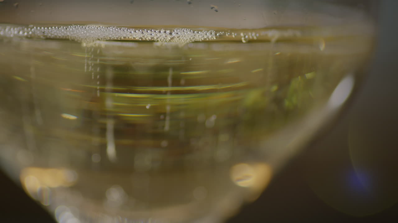 burbujas en aumento en una copa de champán, cámara lenta