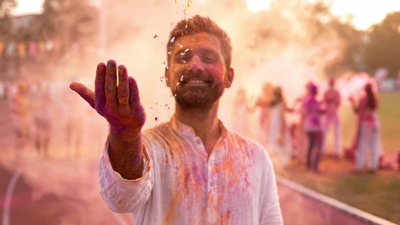 Gioiosa celebrazione dei colori: un uomo abbraccia lo spirito dell'Holi con polvere vibrante, radiosità e connessione tra amici, simboleggiando unità e felicità.