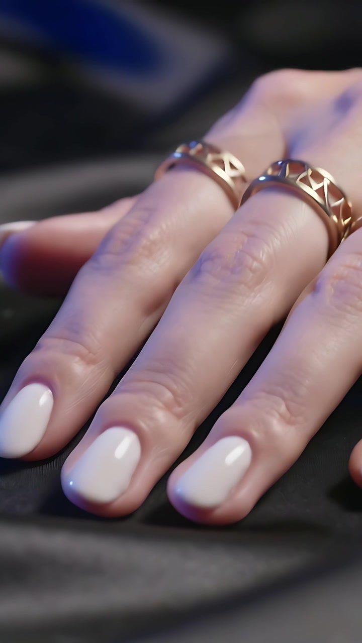 Vertical video: Cam zooming, her hand moving fingers on cloth, showing white nails three gold rings