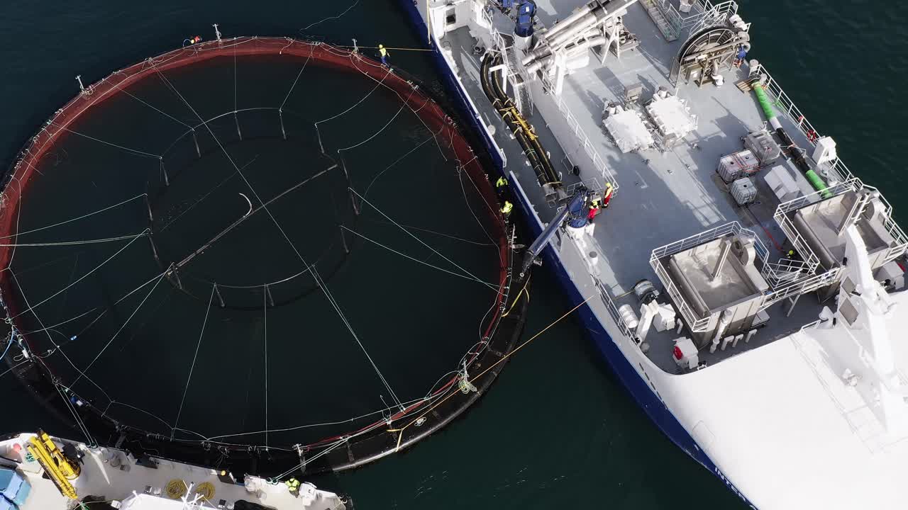 물고기 양식 선박 의 펜 으로 크레인 을 작동 시키는 노동자 들 의 드론 촬영