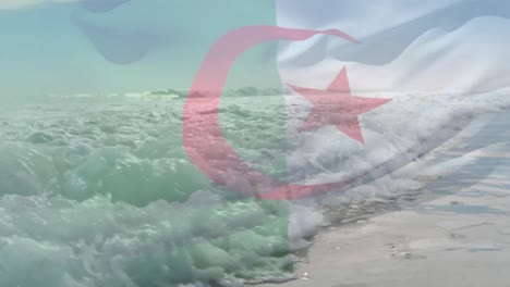 Digitale-Komposition-Der-Schwenkenden-Algerien-Flagge-Gegen-Wellen-Im-Meer