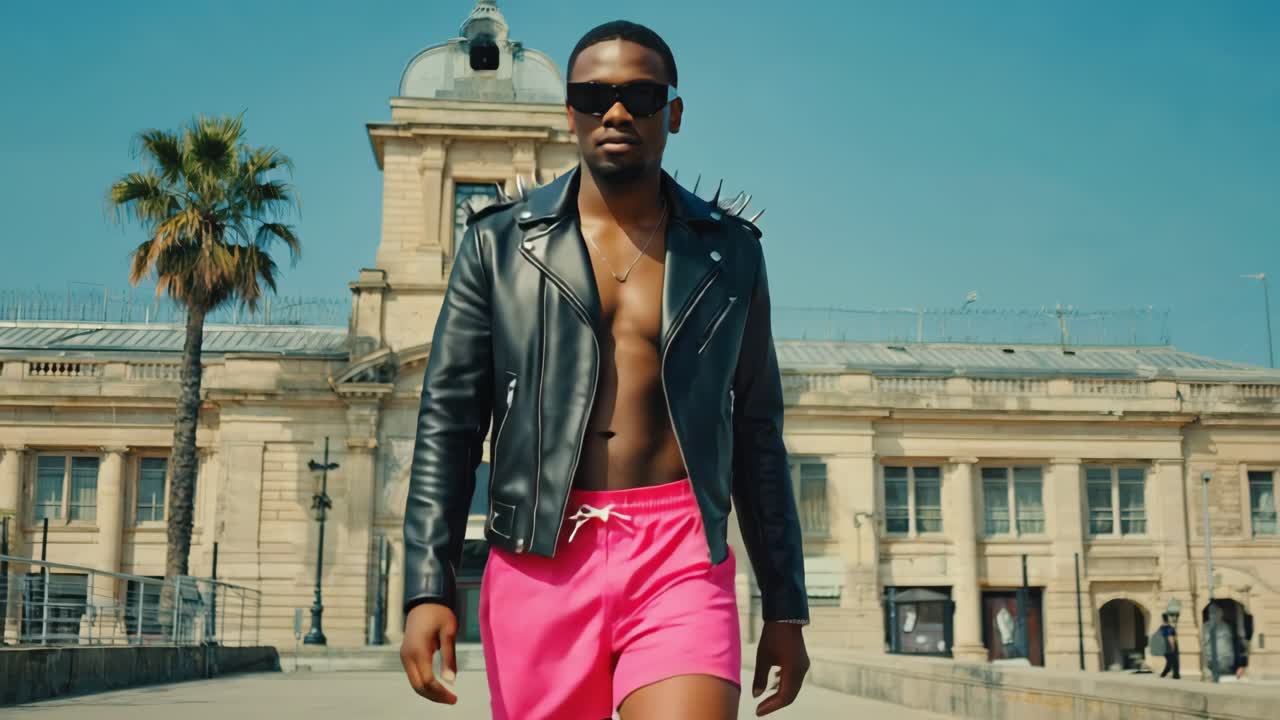 Male fashion model wearing black leather jacket, walking confidently across urban street, sporting pink shorts, representing contemporary bold streetwear aesthetic