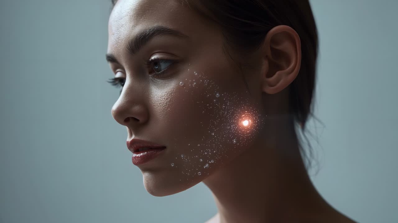 Viser kvinde med bare skuldre, glød på kinden, glimmer der glitrer i studiet, tegning af fokus