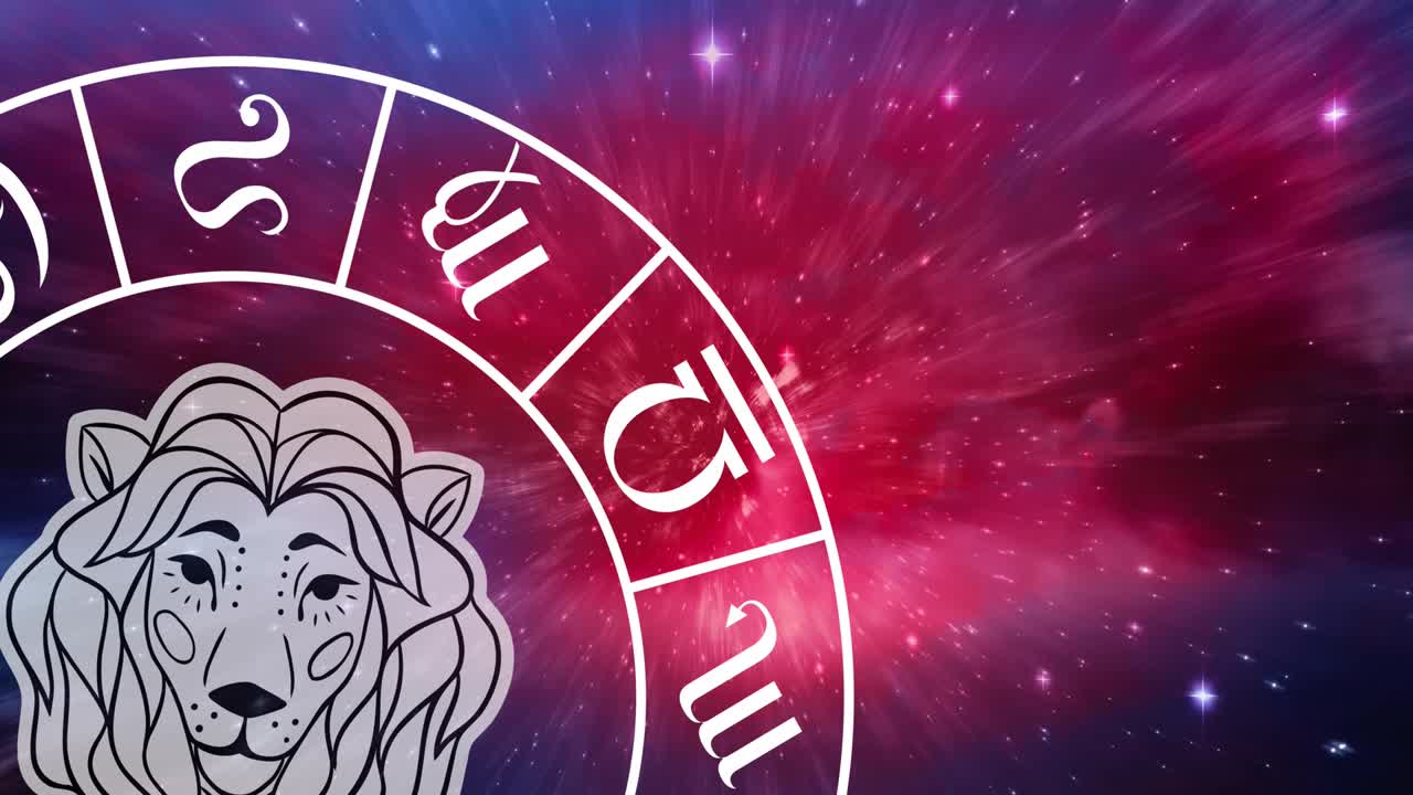 Animation af løvens stjernetegnssymbol i et roterende horoskophjul over glødende stjerner