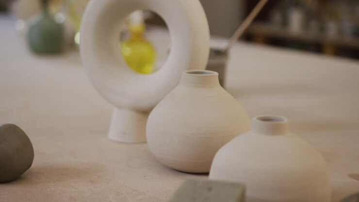 Vista di varie ceramiche fatte a mano in uno studio di ceramica