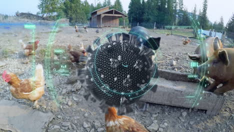 scope scanning covid-19 cell against hens and pigs eating in farm