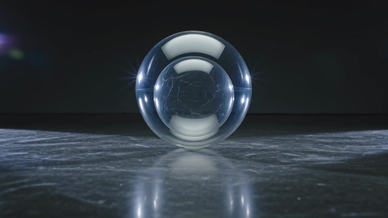 Sfera di vetro fluttuante che si avvicina a un pavimento lucido, con la luce dall'alto che si sposta e crea bagliori dell'obiettivo.
