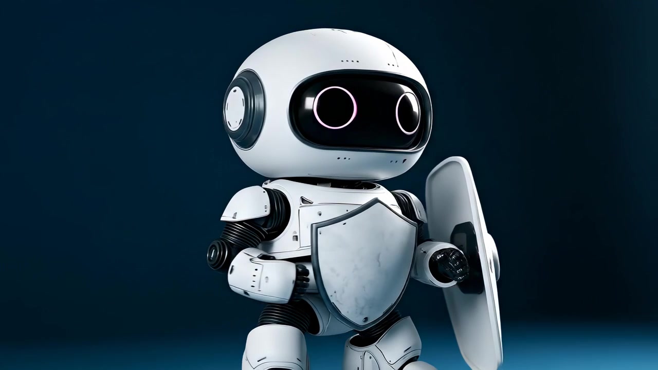 Mavi arka plan üzerinde kalkan tutan küçük beyaz robot. Koruyucu bir kalkan tutan kompakt beyaz fütüristik bir robot karakterinin profil görünümü, mavi arka plan üzerinde stüdyo ışığı.