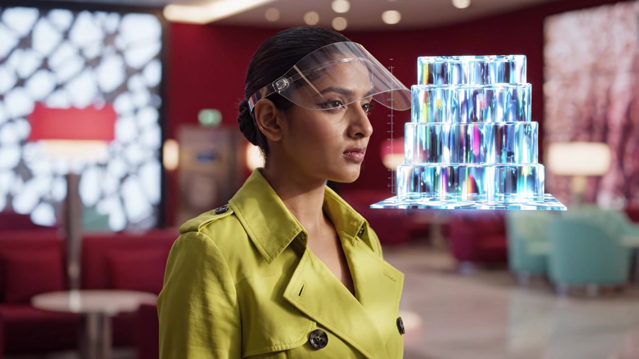 A confident woman in a vibrant yellow coat and protective visor gazes ahead, showcasing the fusion of fashion and technology in a modern, stylish setting.