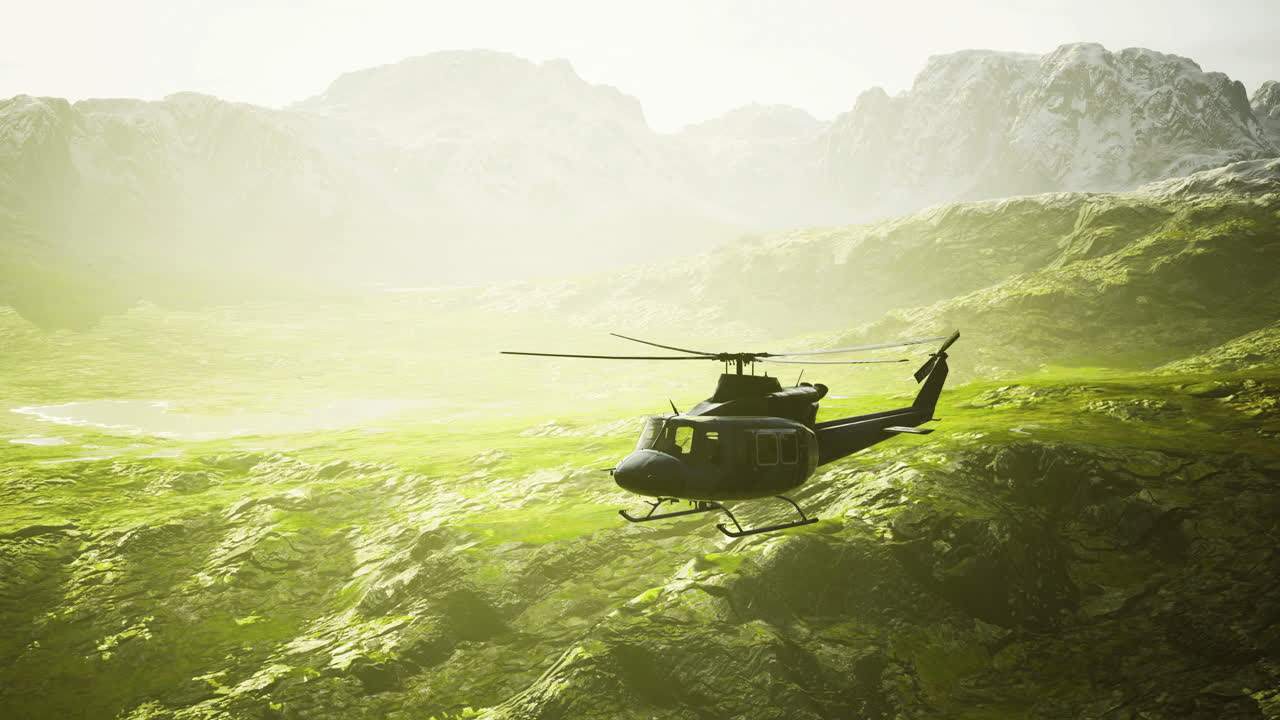 Helicopter Flying Over Mountain Landscape