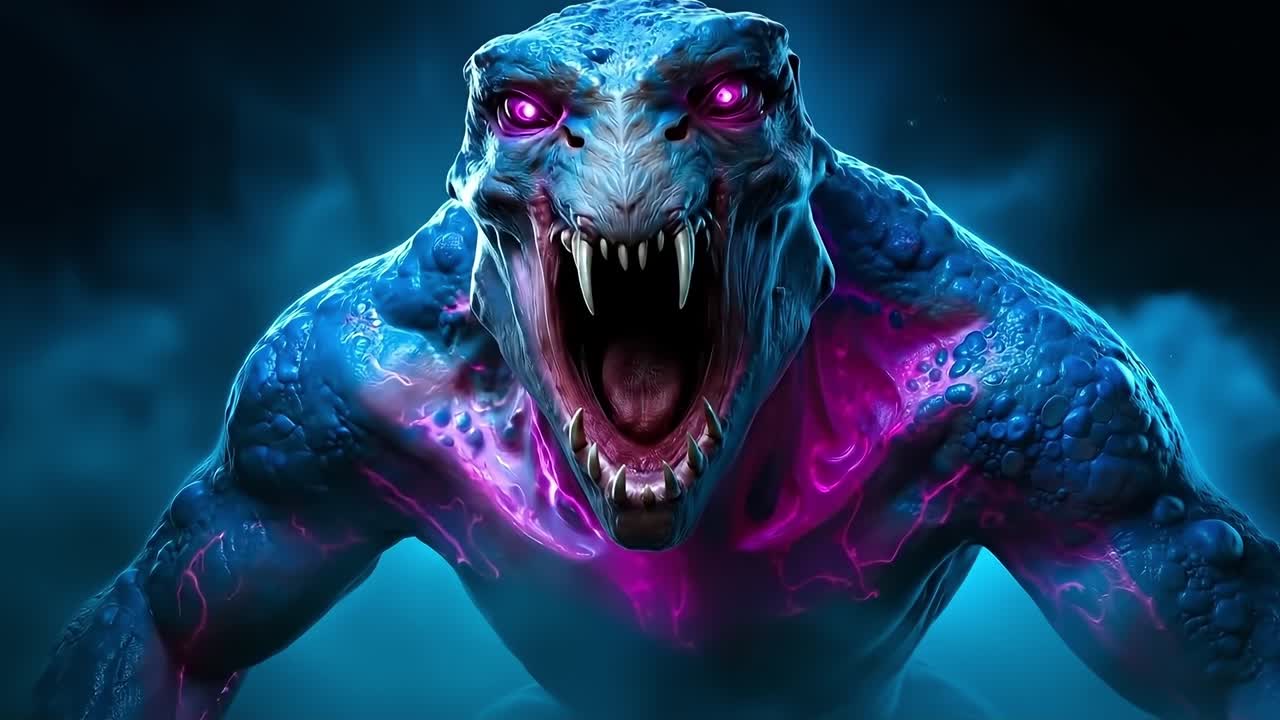 A blue and purple monster with fangs and fangs on a dark background